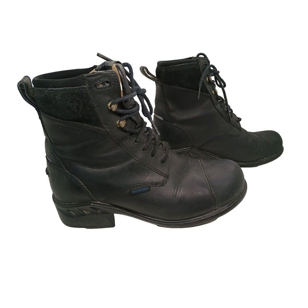 Ariat Ankle Boots Women Sz 7B Leather Black Lace Up Lined Waterproof Western